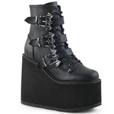 Demonia SWING-103 Black 5 1/2"(140mm) Wedge Platform Lace-Up Front Ankle Boot Featuring Triple Bat Buckle Straps, Metal Inside Zip Closure